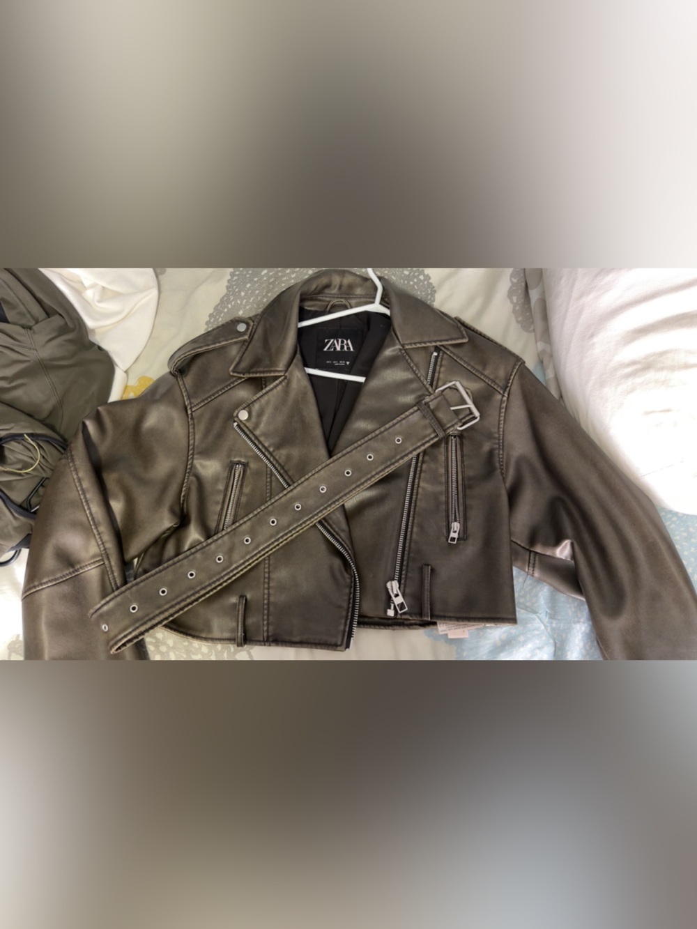 Zara - WASHED BROW Faux Leather Biker Jacket with Belt